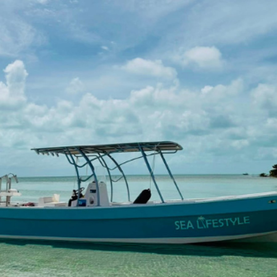A private charter boat anchored in turquoise water off Belize